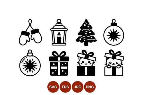 Christmas Tree Gift Box Kitten Icons: Charming Graphics for Your Content