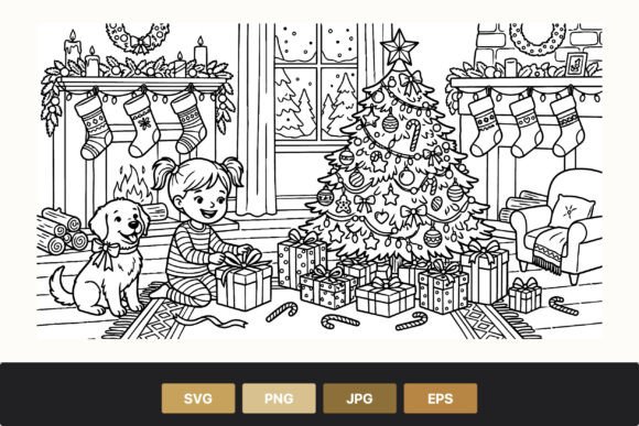 Christmas Tree Gifts Girl Dog Line Art: A Graphics Review